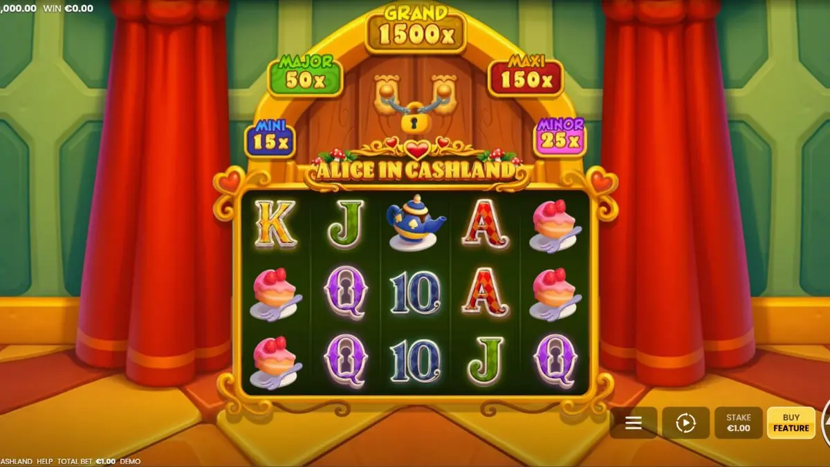 Pemandangan visual slot Alice in Cashland dengan tema Wonderland yang memikat